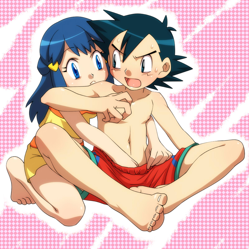 amada, ash ketchum, dawn (pokemon), nintendo, pokemon, pokemon (anime), 1boy, 1girl, alternate costume, bad anatomy, bad feet, barefoot, curious, feet, hand under clothes, hand under shorts, handjob, hetero, loli, male swimwear, no headwear, penis, poorly drawn, red male swimwear, red swim trunks, shorts, shota, swim trunks, swimsuit