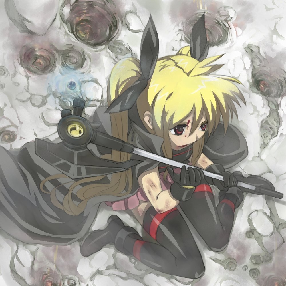 bardiche (device form) (nanoha), bardiche (nanoha), fate testarossa, fate testarossa (original form), lyrical nanoha, mahou shoujo lyrical nanoha, bad id, bad pixiv id, 00s, from above, sitting, thighhighs