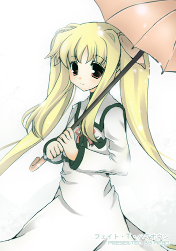 fate testarossa, lyrical nanoha, mahou shoujo lyrical nanoha, mahou shoujo lyrical nanoha a's, lowres, 00s, school uniform, solo, twintails, umbrella