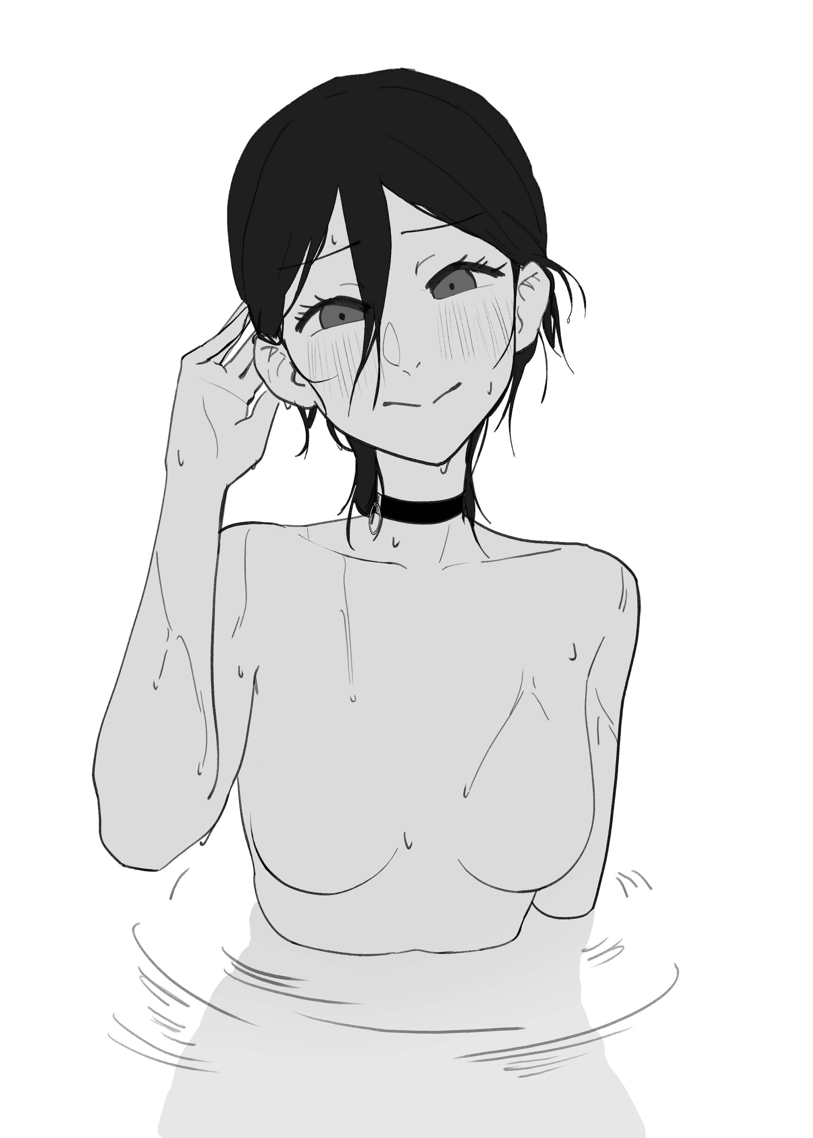 pyo 79, reze (chainsaw man), chainsaw man, absurdres, highres, 1girl, adjusting hair, black choker, blush, choker, completely nude, grenade pin, looking at viewer, nude, partially submerged, simple background, skinny dipping, smile, solo, water, wet, wet hair, white background