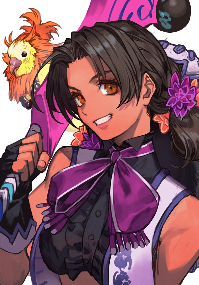 hungry clicker, lily hawk, street fighter, street fighter 6, 1girl, bird, black gloves, black hair, bow, bowtie, brown eyes, club (weapon), dark-skinned female, dark skin, fingerless gloves, flower, gloves, hair flower, hair ornament, holding, holding club, holding weapon, looking at viewer, mexican clothes, purple bow, purple bowtie, solo, teeth, upper body, vest, weapon