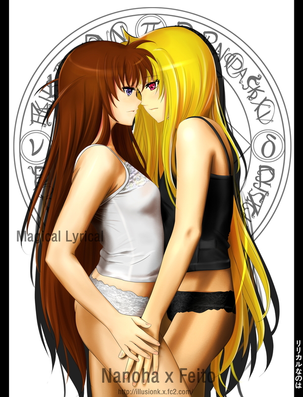 illusionk, fate testarossa, takamachi nanoha, lyrical nanoha, mahou shoujo lyrical nanoha, 00s, black panties, blonde hair, blue eyes, brown hair, lingerie, panties, red eyes, underwear, yuri