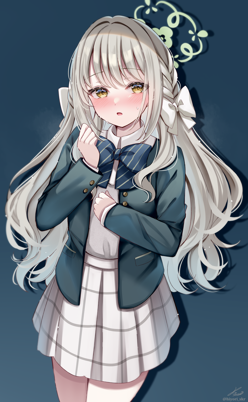 sakura hiyori, miyo (blue archive), blue archive, commentary request, highres, 1girl, blue bow, blush, bow, braid, brown eyes, diagonal-striped bow, green halo, green jacket, grey hair, hair bow, halo, jacket, long hair, looking at viewer, open clothes, open jacket, open mouth, shirt, skirt, solo, striped bow, sweat, very long hair, white bow, white shirt, white skirt