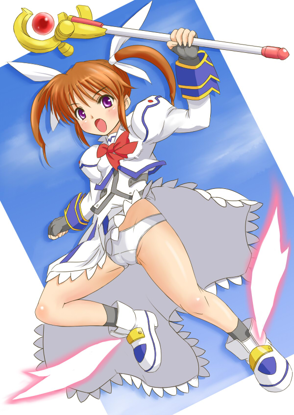 ginjyasei, raising heart, raising heart (accel mode), takamachi nanoha, takamachi nanoha (sacred mode), lyrical nanoha, mahou shoujo lyrical nanoha, winged footwear, 00s, 1girl, black gloves, black socks, blush, bow, bowtie, brown hair, cloud, female focus, fingerless gloves, flying, gloves, hair ribbon, holding, jacket, long sleeves, looking at viewer, open mouth, panties, pantyshot, puffy sleeves, purple eyes, red bow, red bowtie, ribbon, shirt, shoes, short hair, skirt, sky, socks, solo, staff, twintails, underwear, upskirt, white jacket, white panties, white shirt, white shoes, white skirt, wind, wind lift
