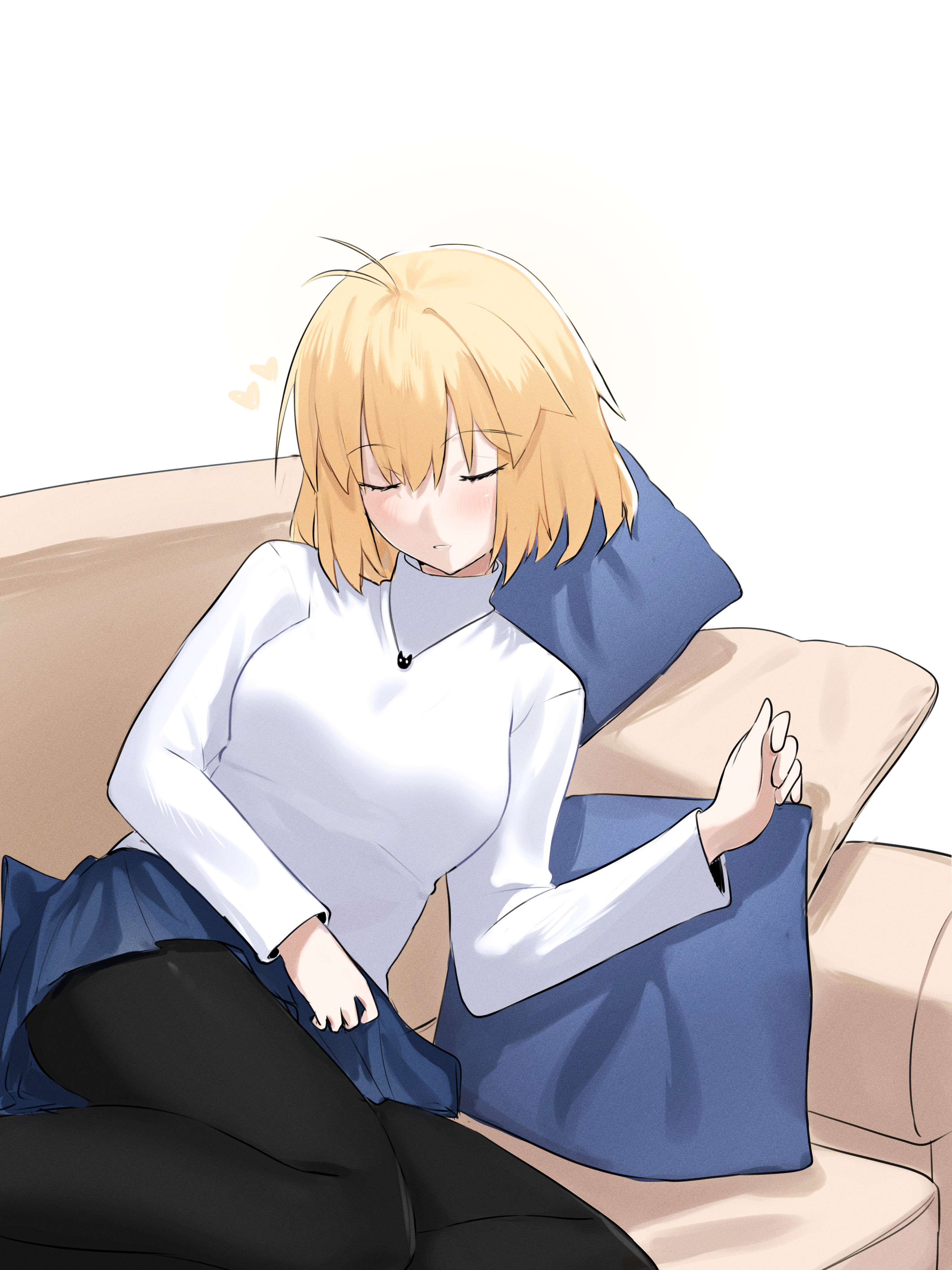 coti neko, arcueid brunestud, tsukihime, tsukihime (remake), absurdres, highres, 1girl, ahoge, antenna hair, blonde hair, blush, breasts, closed eyes, couch, long sleeves, on couch, pantyhose, short hair, skirt, sleeping, solo, sweater, turtleneck, turtleneck sweater, white background, white sweater