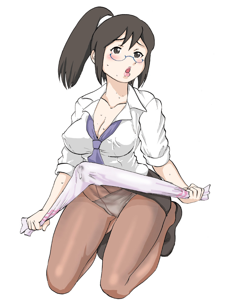 kaneru, kaneru 2, holon, real drive, 1futa, black shoes, breasts, bulge, cleavage, covered erect nipples, crotch seam, erection, erection under clothes, futanari, large breasts, panties, panties under pantyhose, pantyhose, penis, ponytail, shoes, simple background, skirt, sleeves rolled up, solo, underwear, upskirt, white background