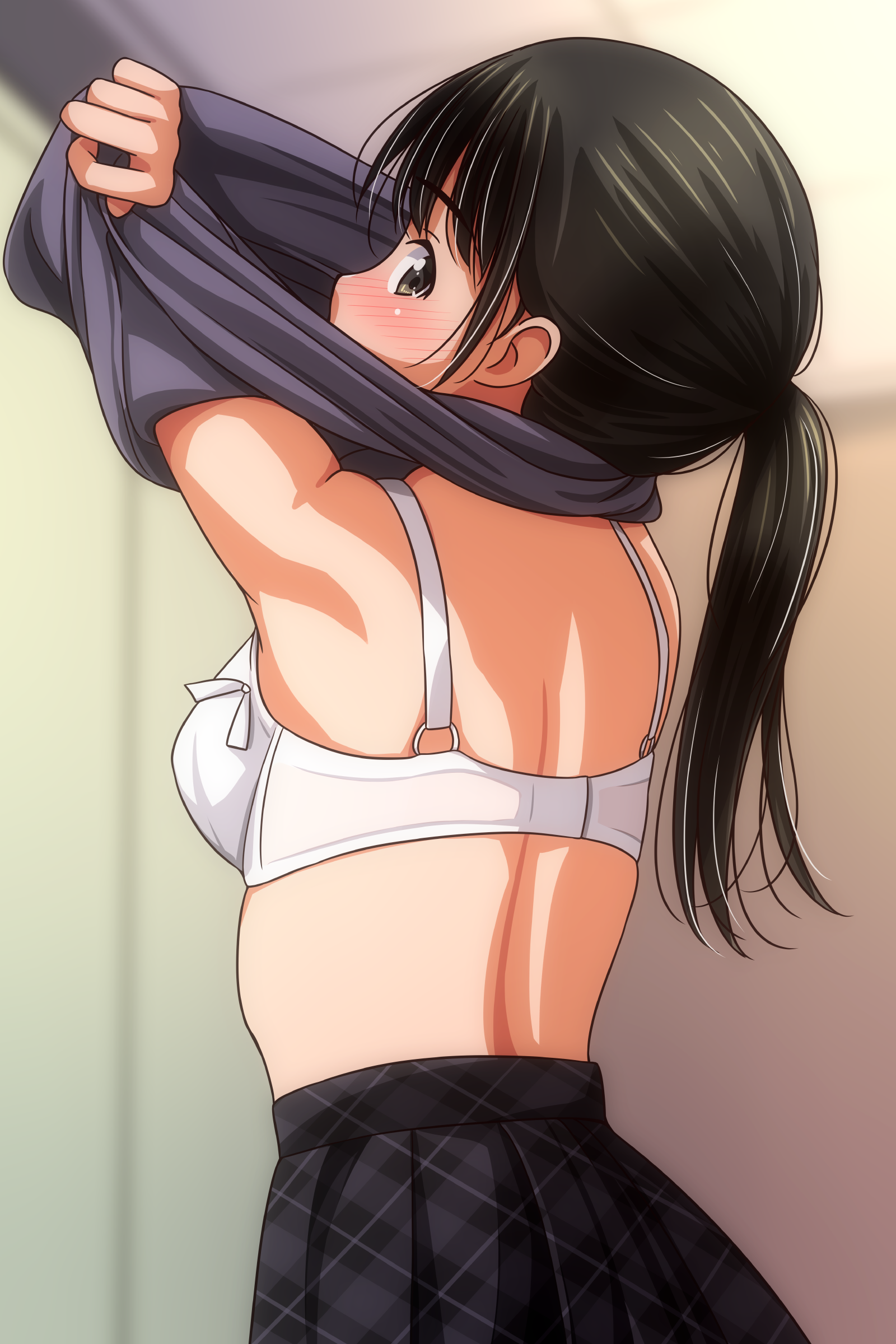 matsunaga kouyou, original, absurdres, commentary request, highres, 1girl, black hair, black skirt, blurry, blurry background, blush, bra, breasts, long hair, looking at viewer, medium breasts, ponytail, skirt, solo, underwear, undressing, white bra