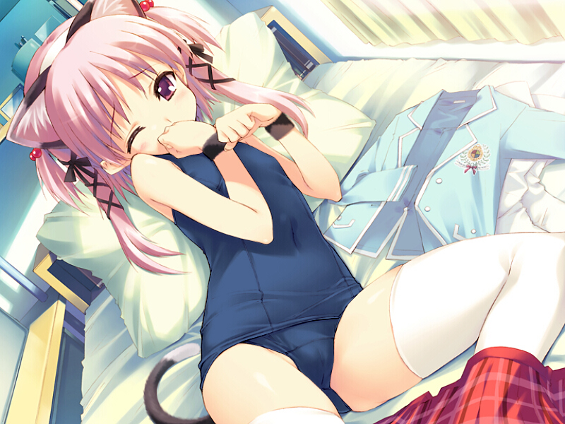 kawata hisashi, nanako (to heart 2), to heart (series), to heart 2, to heart 2 ad, game cg, non-web source, 00s, 1girl, animal ears, bed, breasts, cameltoe, cat ears, cat tail, child, female focus, lolita fashion, one-piece swimsuit, one eye closed, pillow, pink hair, purple eyes, purple hair, school swimsuit, short twintails, small breasts, solo, swimsuit, tail, thighhighs, twintails, undressing, white thighhighs, wink