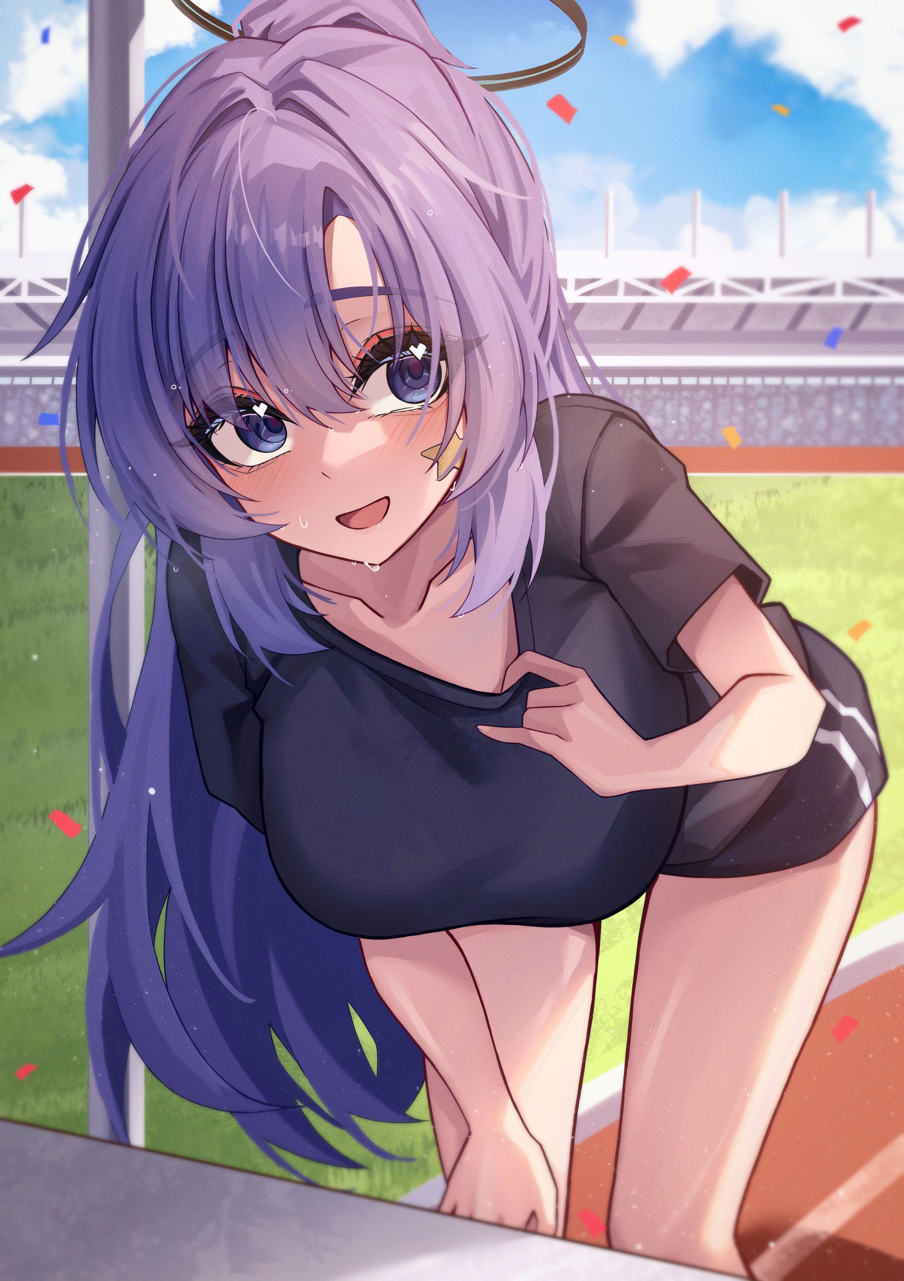 hidel, yuuka (blue archive), yuuka (track) (blue archive), blue archive, absurdres, commentary, highres, 1girl, bare legs, black shirt, blue eyes, blue shorts, blush, breasts, collarbone, confetti, halo, large breasts, leaning forward, long hair, looking at viewer, no jacket, ponytail, purple eyes, running track, shirt, short shorts, short sleeves, shorts, smile, solo, stadium, star (symbol), star sticker, sticker, sticker on face, sweat, t-shirt, very long hair