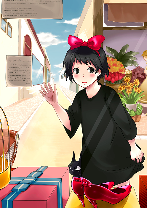 takanashi beniko, jiji (majo no takkyuubin), kiki (majo no takkyuubin), majo no takkyuubin, studio ghibli, 1980s (style), bad id, bad pixiv id, black cat, black hair, blush, bow, cat, dress, flower, gift, hairband, oldschool, retro artstyle, shoes, short hair, solo