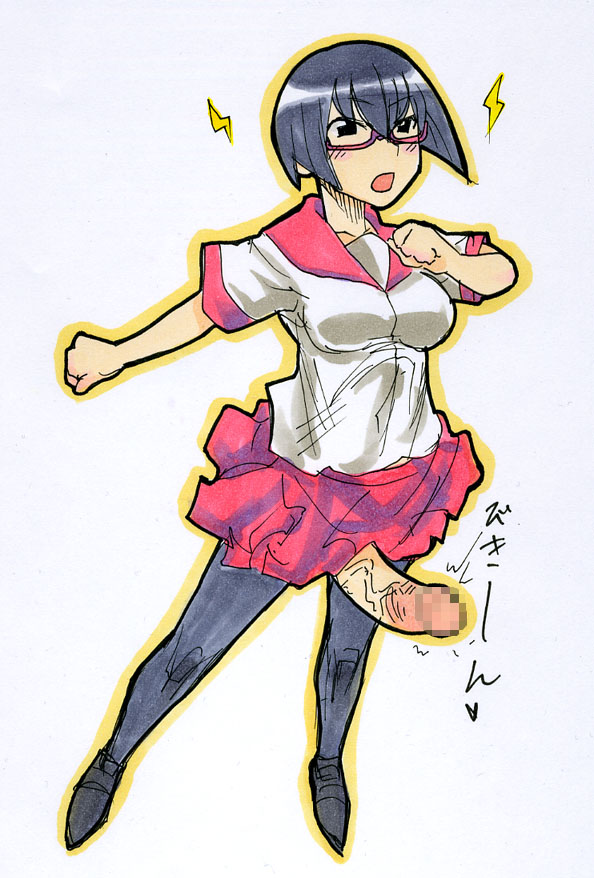 kikuta, original, 1futa, black hair, black pantyhose, black shoes, blouse, censored, erection, futanari, glasses, hair between eyes, miniskirt, mosaic censoring, pantyhose, penis, shirt, shoes, short hair, skirt, solo, white shirt