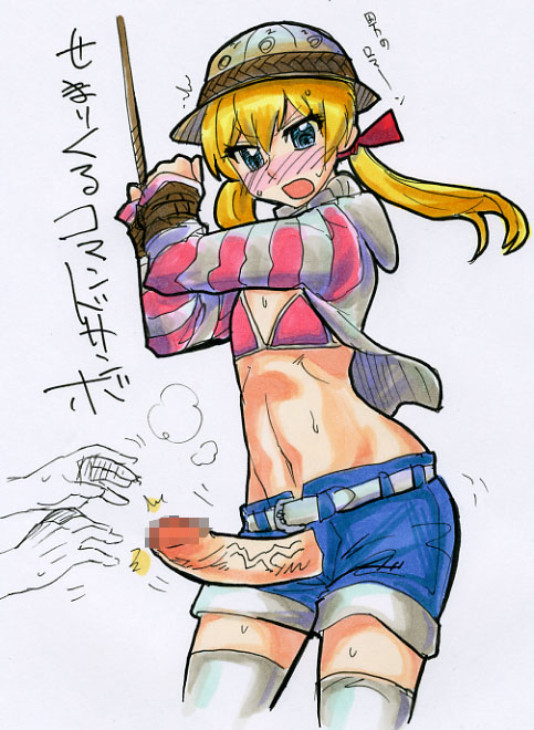 kikuta, neuschwanstein sakurako, shurutsu ken'ichi, brocken blood, striped, 1boy, androgynous, bdsm, bikini, bikini top only, blonde hair, blue eyes, blush, bondage, bound, censored, crossdressing, crossdressing (mtf), denim, denim shorts, green eyes, male focus, navel, penis, rope, shorts, shota, solo, swimsuit, thighhighs, trap, twintails, veins, veiny penis