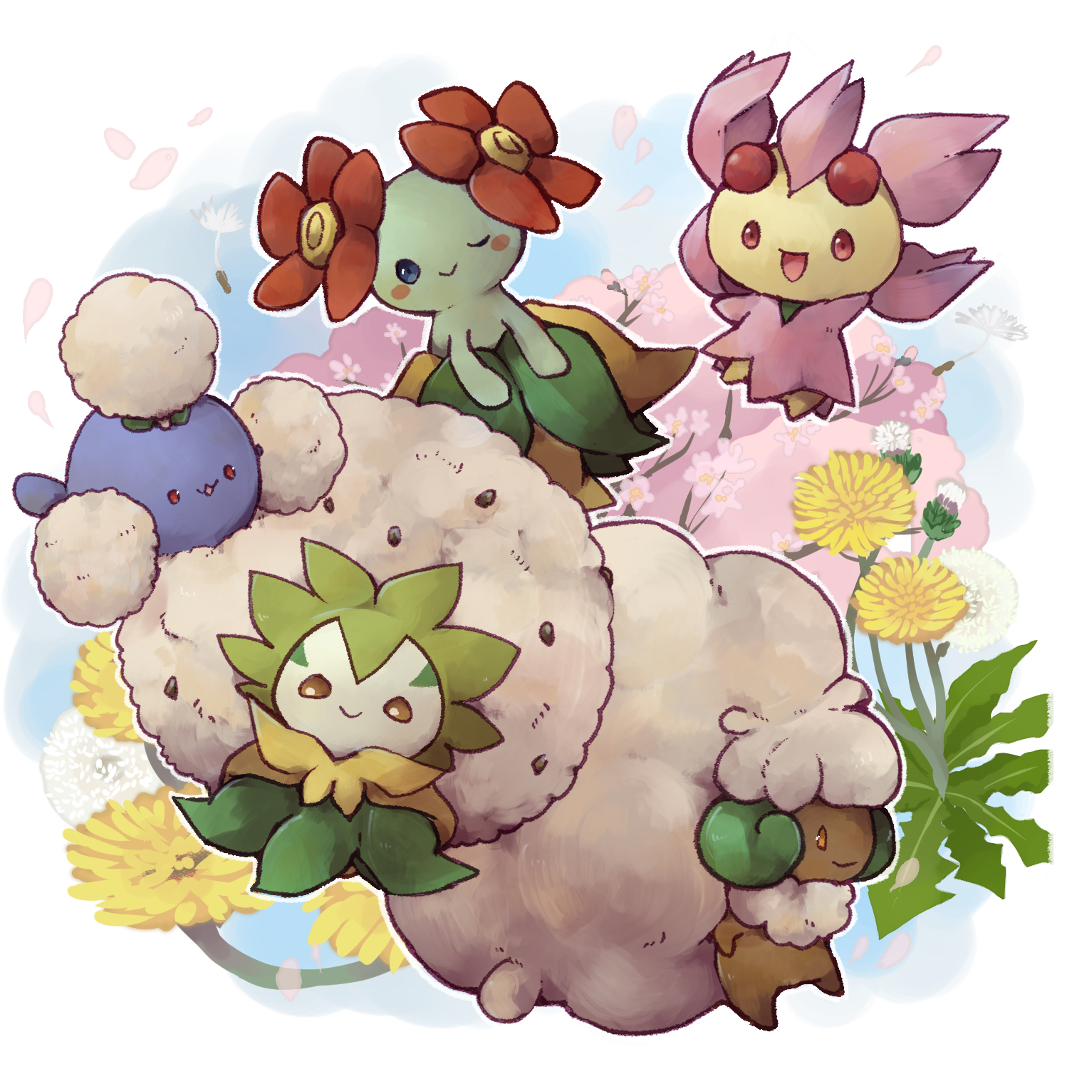 komeda arufa, bellossom, cherrim, cherrim (sunshine), eldegoss, jumpluff, whimsicott, nintendo, pokemon, highres, blue eyes, dandelion, flower, gen 2 pokemon, gen 4 pokemon, gen 5 pokemon, gen 8 pokemon, no humans, one eye closed, pokemon (creature), red eyes