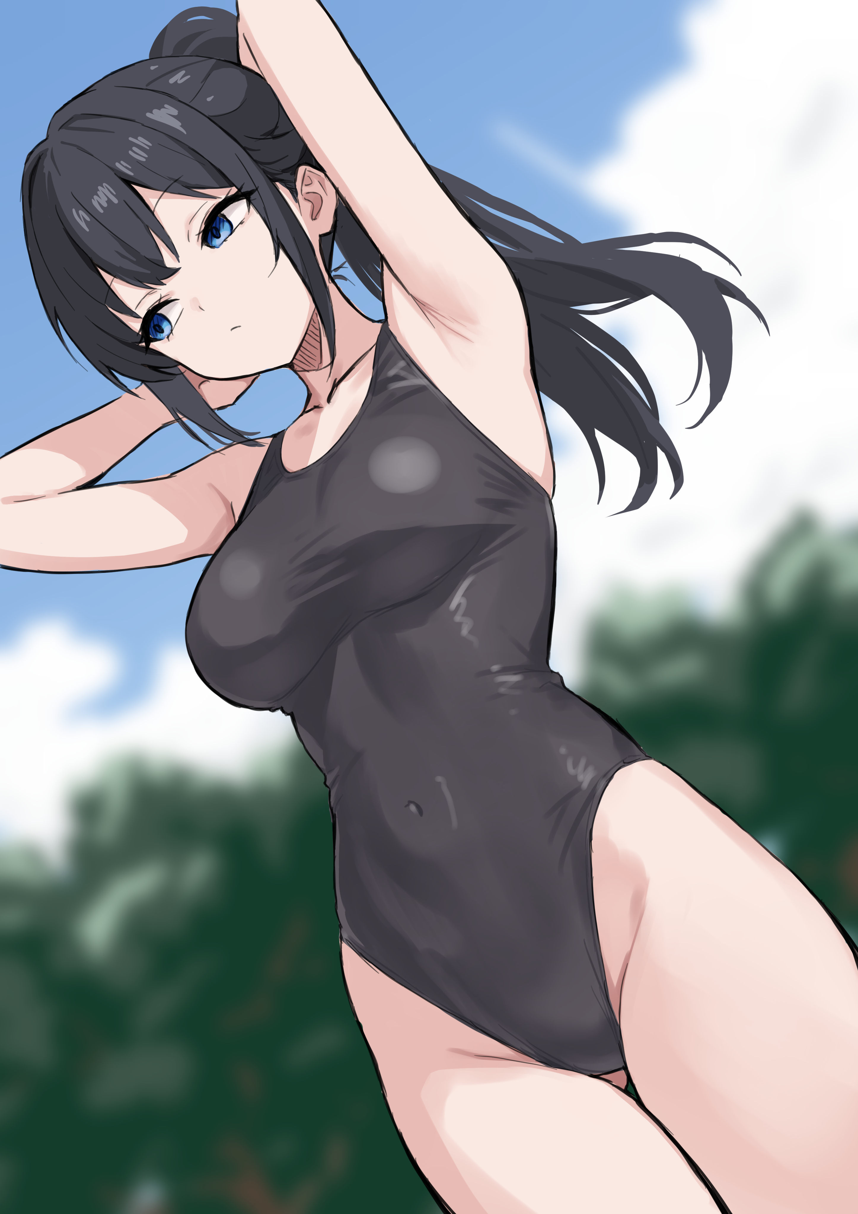 be9459, absurdres, bad id, bad pixiv id, character request, commentary request, commission, copyright request, highres, skeb commission, 1girl, armpits, arms up, black hair, black one-piece swimsuit, blue eyes, blue sky, breasts, cloud, competition swimsuit, covered navel, day, dutch angle, gluteal fold, highleg, highleg one-piece swimsuit, long hair, medium breasts, one-piece swimsuit, outdoors, ponytail, sidelocks, sky, solo, standing, swimsuit, thighs