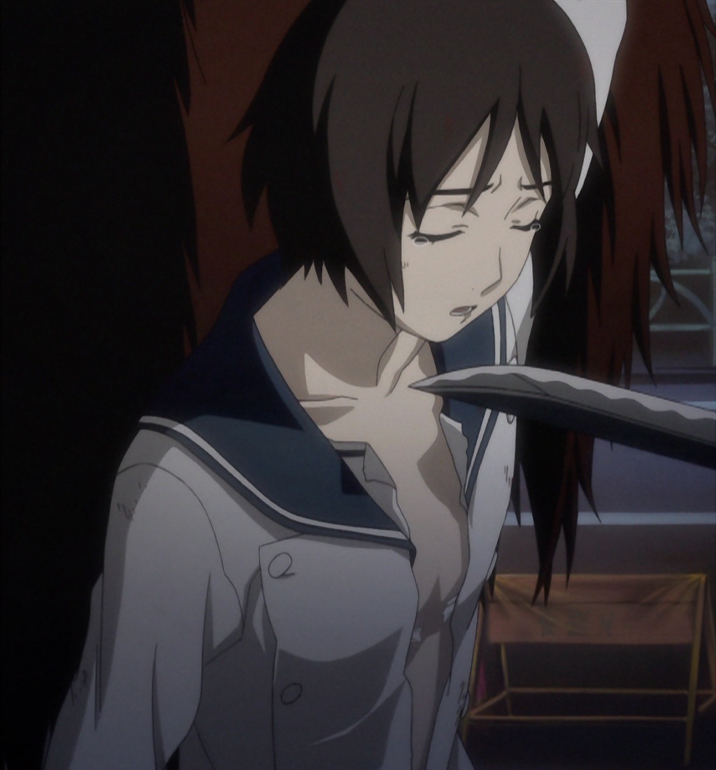 tsuchimiya kagura, ga-rei, ga-rei zero, anime screenshot, non-web source, 00s, brown hair, closed eyes, flat chest, open clothes, open shirt, shirt, short hair, solo, sword, tears, torn clothes, weapon