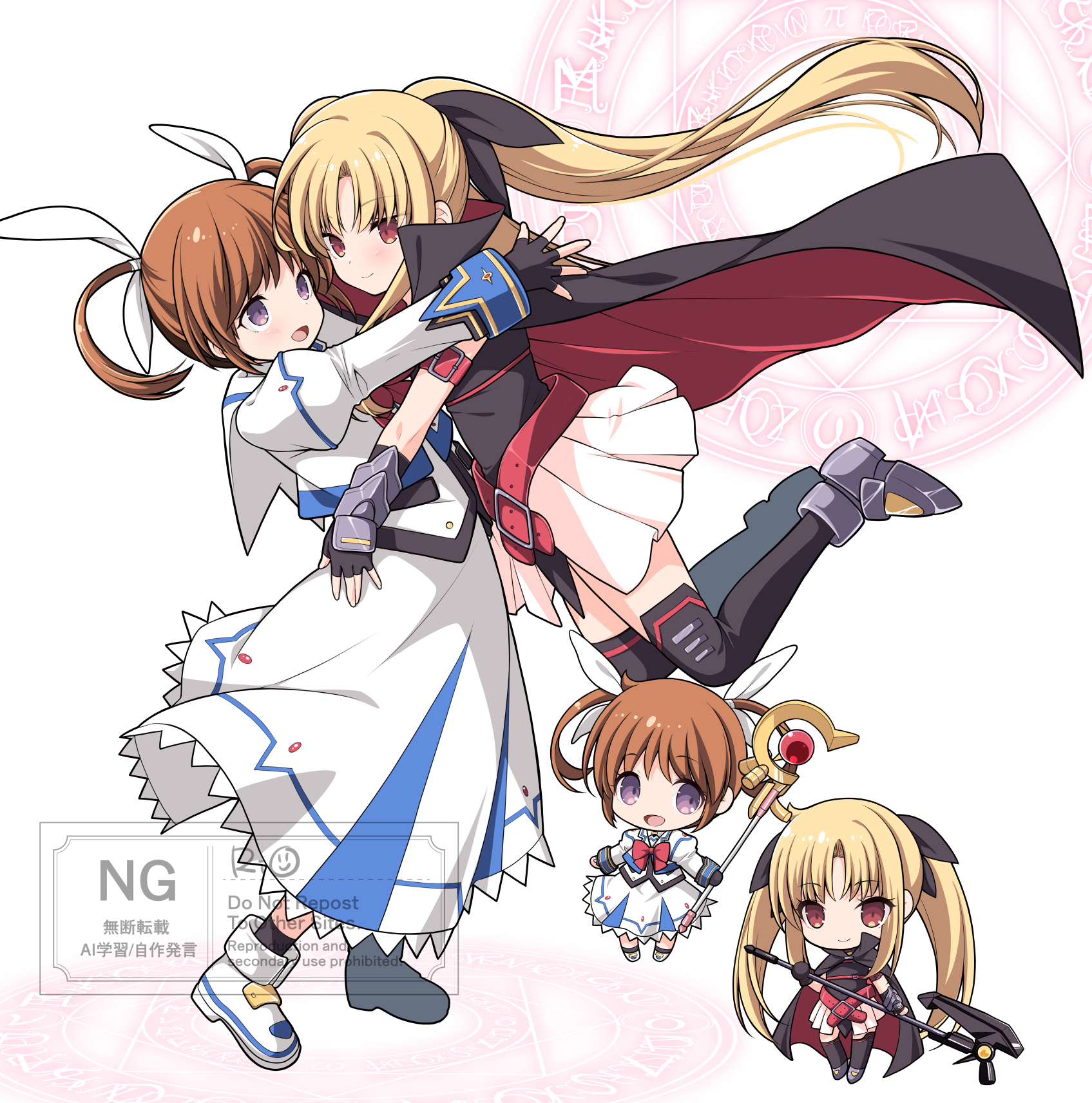kuma x kuma, bardiche (nanoha), fate testarossa, raising heart, takamachi nanoha, lyrical nanoha, mahou shoujo lyrical nanoha, commentary request, highres, 2girls, :d, ankle boots, arm belt, armored boots, belt, black cape, black gloves, black leotard, black ribbon, black socks, black thighhighs, blonde hair, boots, brown hair, cape, chibi, chibi inset, closed mouth, cropped jacket, dress, fingerless gloves, full body, gloves, grey boots, hair ribbon, holding, holding staff, hug, jacket, juliet sleeves, leotard, long dress, long hair, long sleeves, looking at another, medium hair, multiple girls, open clothes, open jacket, open mouth, puffy sleeves, purple eyes, red belt, red eyes, ribbon, shoes, skirt, smile, socks, staff, standing, thighhighs, twintails, two-sided cape, two-sided fabric, very long hair, watermark, white dress, white jacket, white ribbon, white shoes, white skirt