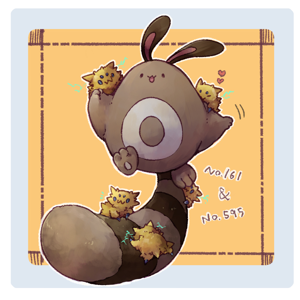 komeda arufa, joltik, sentret, nintendo, pokemon, :d, electricity, gen 2 pokemon, gen 5 pokemon, heart, no humans, open mouth, pokedex number, smile, yellow background