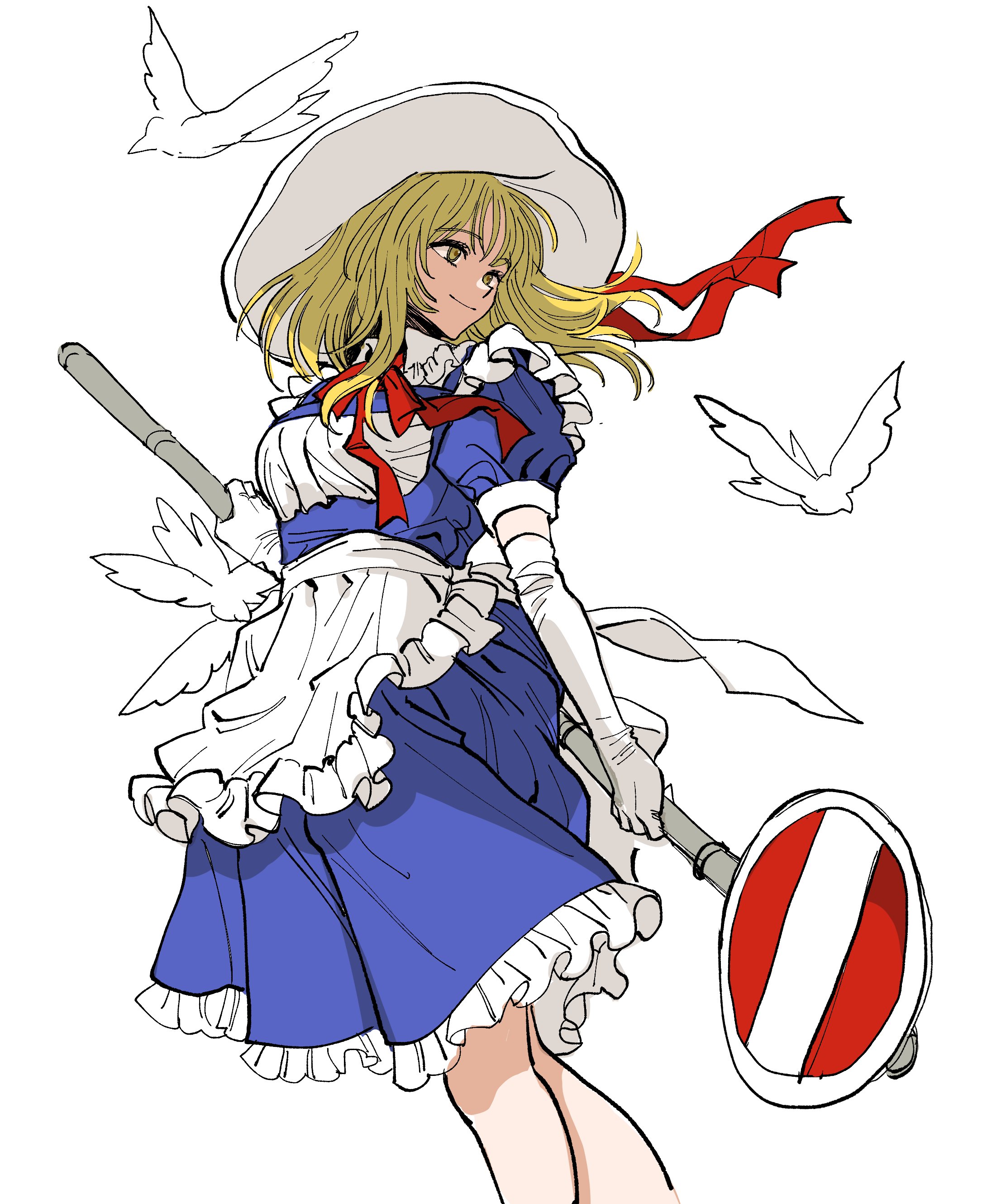 kuya (hey36253625), kana anaberal, touhou, touhou (pc-98), absurdres, highres, 1girl, apron, bird, blonde hair, blue dress, collar, dress, elbow gloves, feet out of frame, frilled apron, frilled collar, frilled dress, frills, gloves, hat, hat ribbon, holding, holding sign, puffy short sleeves, puffy sleeves, red ribbon, ribbon, road sign, short sleeves, sign, smile, stop sign, waist apron, white gloves, white hat, yellow eyes