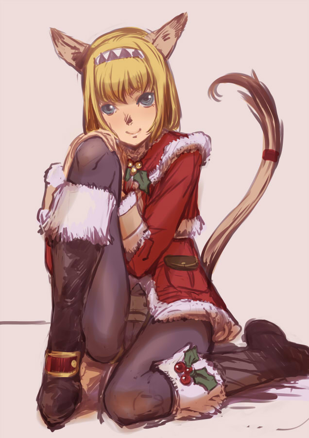 branch (blackrabbits), mithra (ff11), final fantasy, final fantasy xi, bad id, bad pixiv id, 00s, 1girl, animal ears, blonde hair, blue eyes, boots, capelet, christmas, female focus, pantyhose, santa costume, short hair, smile, solo, tail