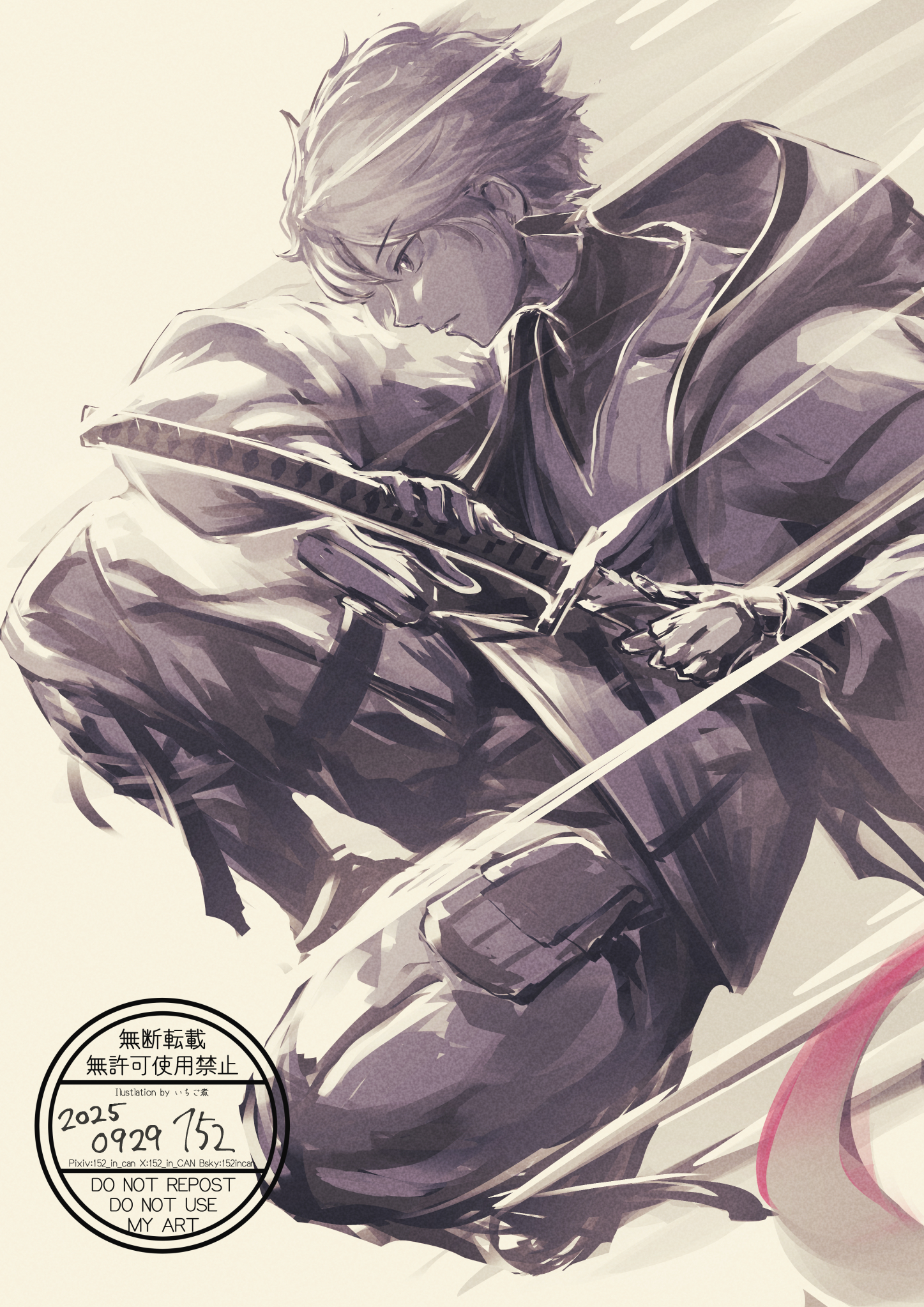 152 in can, fate/grand order, fate (series), highres, 1boy, black pants, black shirt, dated, dynamic pose, hood, hooded jacket, jacket, katana, open clothes, open jacket, pants, profile, prosthesis, prosthetic arm, prosthetic leg, scar, scar on face, scar on forehead, sheath, shirt, solo, sword, toudou heisuke (fate), turtleneck, unsheathing, v-neck, weapon, white hair, white shirt
