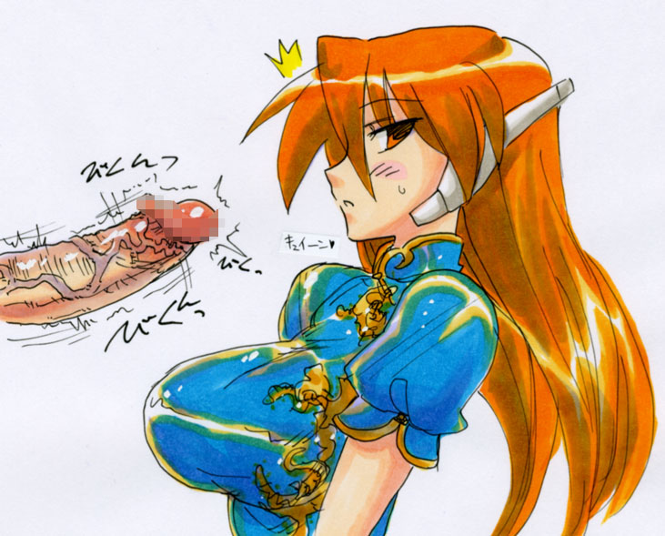kikuta, serio (to heart), to heart, to heart (series), 1girl, breasts, censored, china dress, chinese clothes, cleavage, dress, huge breasts, long hair, mosaic censoring, orange hair, penis, solo focus, veins, veiny penis