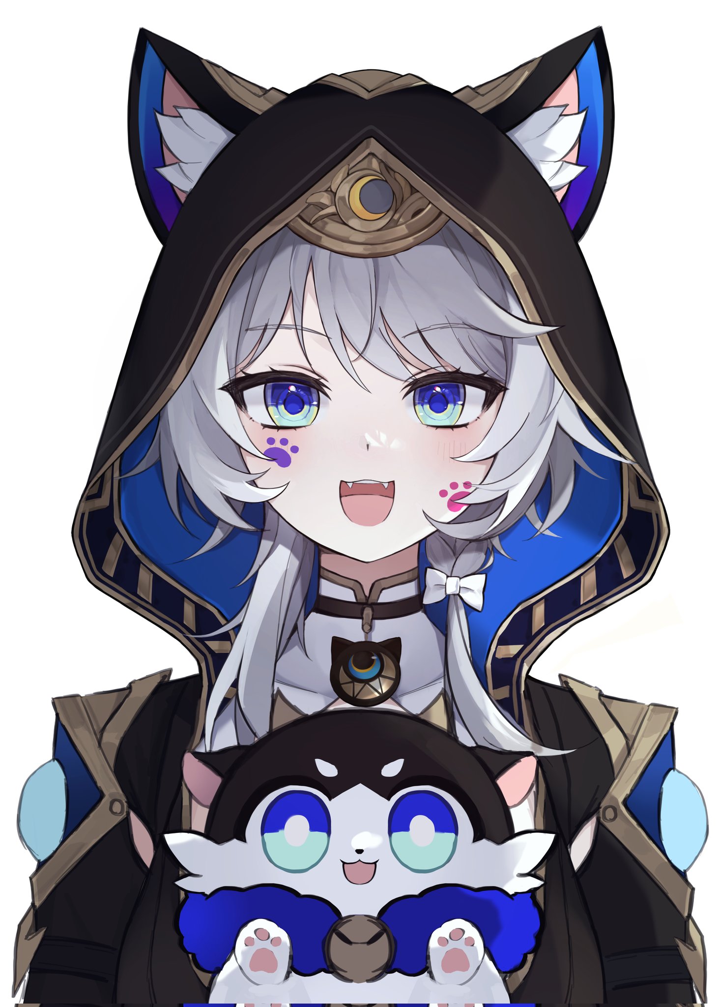cipher (honkai: star rail), cipher (master cat-thief) (honkai: star rail), honkai: star rail, honkai (series), highres, 1girl, animal ear fluff, animal ears, animal hood, bow, braid, cat ears, cat girl, cat hood, chimera (honkai: star rail), choker, fangs, grey hair, hood, kom376986, light blush, looking at viewer, multicolored eyes, paw print, two-tone eyes, white background, white streaks