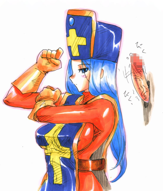 kikuta, priest (dq3), chunsoft, dragon quest, dragon quest iii, enix, 1girl, blue eyes, blue hair, blush, bodysuit, censored, glory hole, gloves, hat, latex, latex gloves, long hair, mitre, mosaic censoring, penis, solo focus