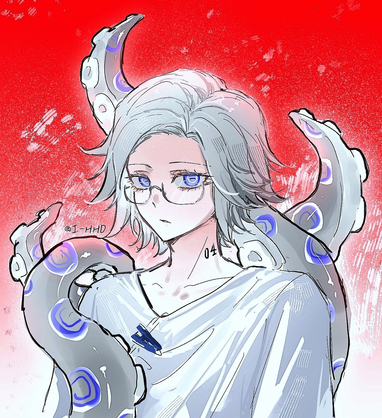 aotsuki eito, the hundred line -last defense academy-, chinese commentary, commentary request, highres, 1boy, collarbone, glasses, grey hair, horizontal pupils, i-hhdheheda, lofter username, looking at viewer, male focus, neck tattoo, no jacket, parted lips, purple eyes, red background, ringed eyes, shirt, short hair, sketch, solo, tattoo, tentacles, two-tone background, upper body, white background, white shirt
