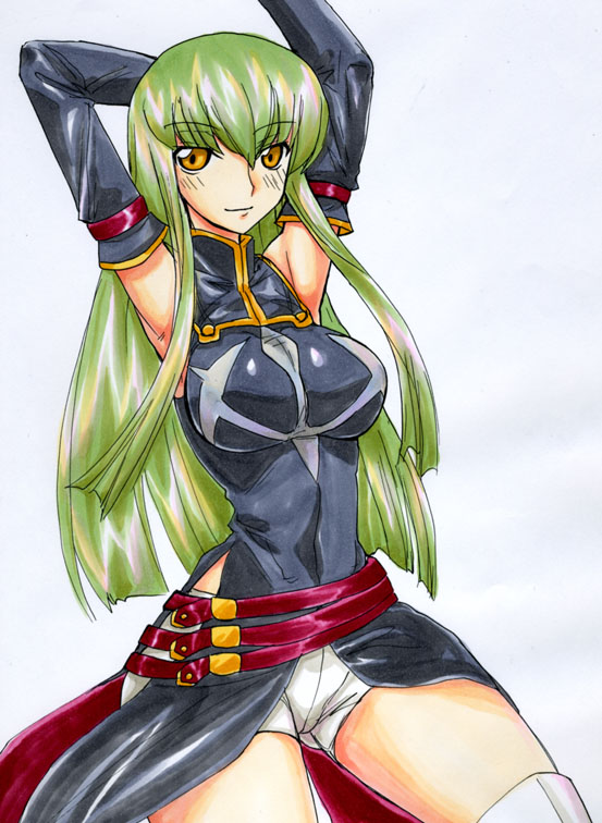 kikuta, c.c., code geass, 00s, armpits, belt, breasts, cleavage, green hair, large breasts, long hair, shorts, solo, thighhighs