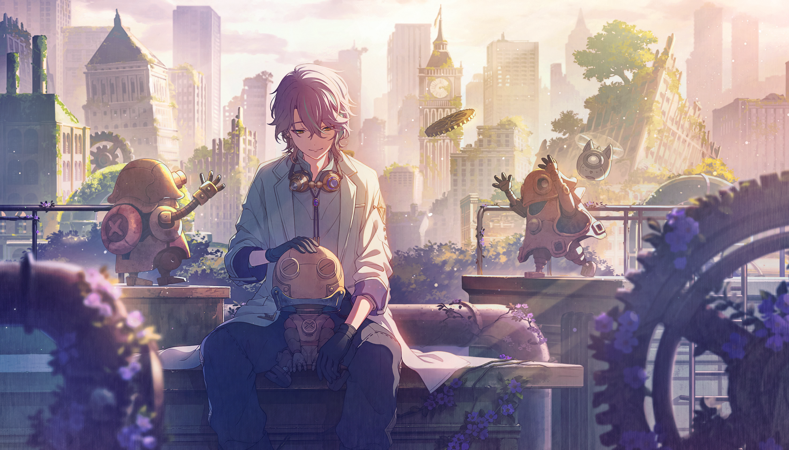 colorful palette, kamishiro rui, project sekai, game cg, highres, official art, third-party source, 1boy, black gloves, black pants, bloom festival (project sekai), blue hair, building, clock, clock tower, coat, collared shirt, flower, gears, gloves, goggles, goggles around neck, hair between eyes, lapels, male focus, multicolored hair, notched lapels, official alternate costume, official alternate hairstyle, pants, purple flower, purple hair, rooftop, shirt, sitting, solo, streaked hair, tower, tree, white coat, white shirt