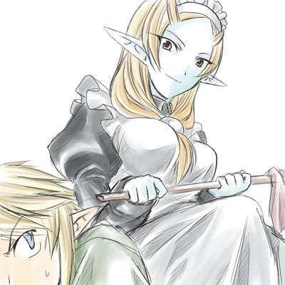 microspace, link, midna, midna (true), nintendo, the legend of zelda, the legend of zelda: twilight princess, lowres, spoilers, 1boy, 1girl, blue skin, colored skin, elf, femdom, front ponytail, maid, pointy ears, sitting