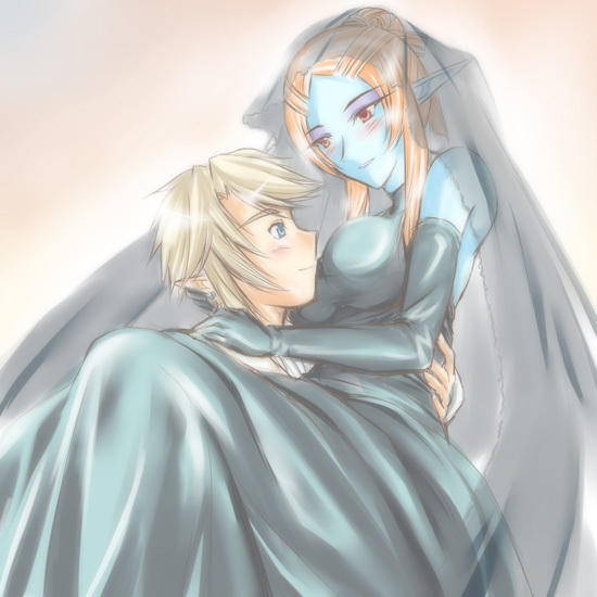 microspace, link, midna, midna (true), nintendo, the legend of zelda, the legend of zelda: twilight princess, spoilers, 1boy, 1girl, black wedding dress, blue eyes, blue skin, blush, colored skin, couple, dress, elbow gloves, elf, gloves, good end, hetero, pointy ears, wedding, wedding dress