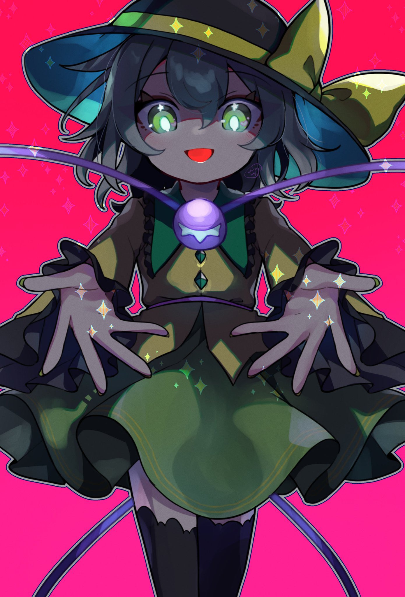 nanananananana, komeiji koishi, touhou, highres, 1girl, black hat, black thighhighs, blouse, bow, buttons, diamond button, eyeball, frilled shirt collar, frilled sleeves, frills, green hair, green skirt, hair between eyes, hat, hat bow, hat ribbon, long hair, open mouth, ribbon, shirt, simple background, skirt, solo, star (symbol), thighhighs, third eye, yellow bow, yellow ribbon, yellow shirt