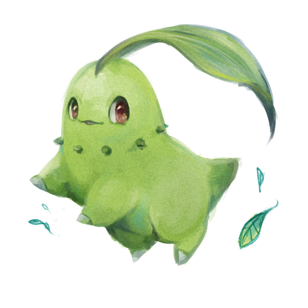 komeda arufa, chikorita, nintendo, pokemon, full body, gen 2 pokemon, looking at viewer, no humans, solo, white background