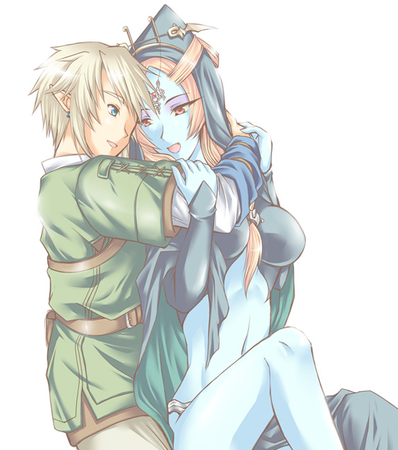 microspace, link, midna, midna (true), nintendo, the legend of zelda, the legend of zelda: twilight princess, spoilers, 1boy, 1girl, blue eyes, blue skin, colored skin, couple, earrings, happy, hetero, jewelry, pointy ears