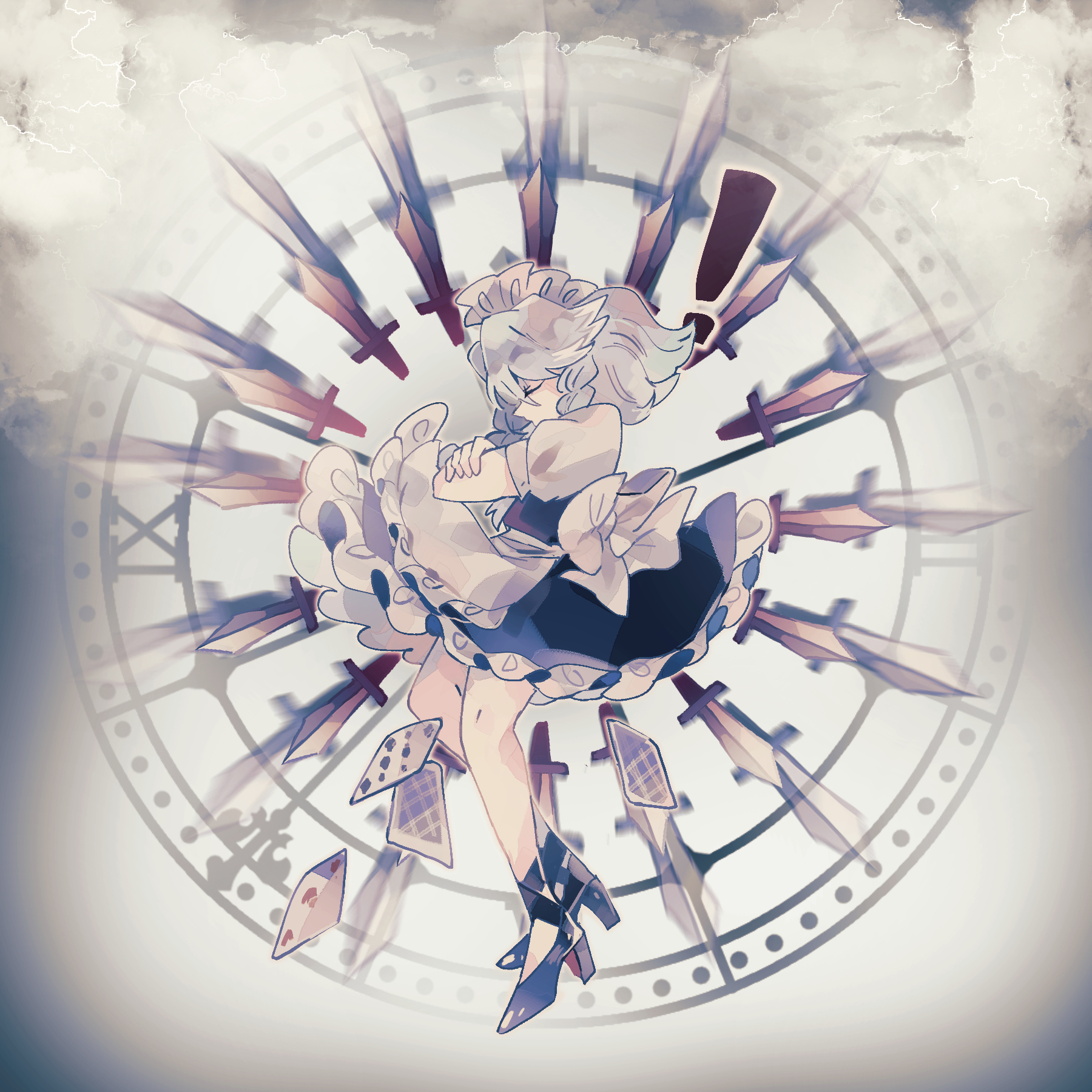 ratto (mobilis 1870), izayoi sakuya, touhou, commentary, highres, 1girl, apron, back bow, blue skirt, bow, braid, braided sidelock, card, clock, closed eyes, frilled apron, frilled hairband, frilled skirt, frills, from side, hairband, high heels, knife, maid, maid apron, maid headdress, puffy sleeves, short hair, skirt, solo, white apron, white bow, white hair, white hairband