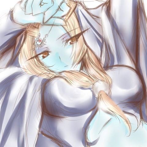 microspace, midna, midna (true), nintendo, the legend of zelda, the legend of zelda: twilight princess, lowres, spoilers, 1girl, arms up, blush, breasts, brown eyes, female focus, front ponytail, long hair, looking at viewer, looking back, solo, upper body
