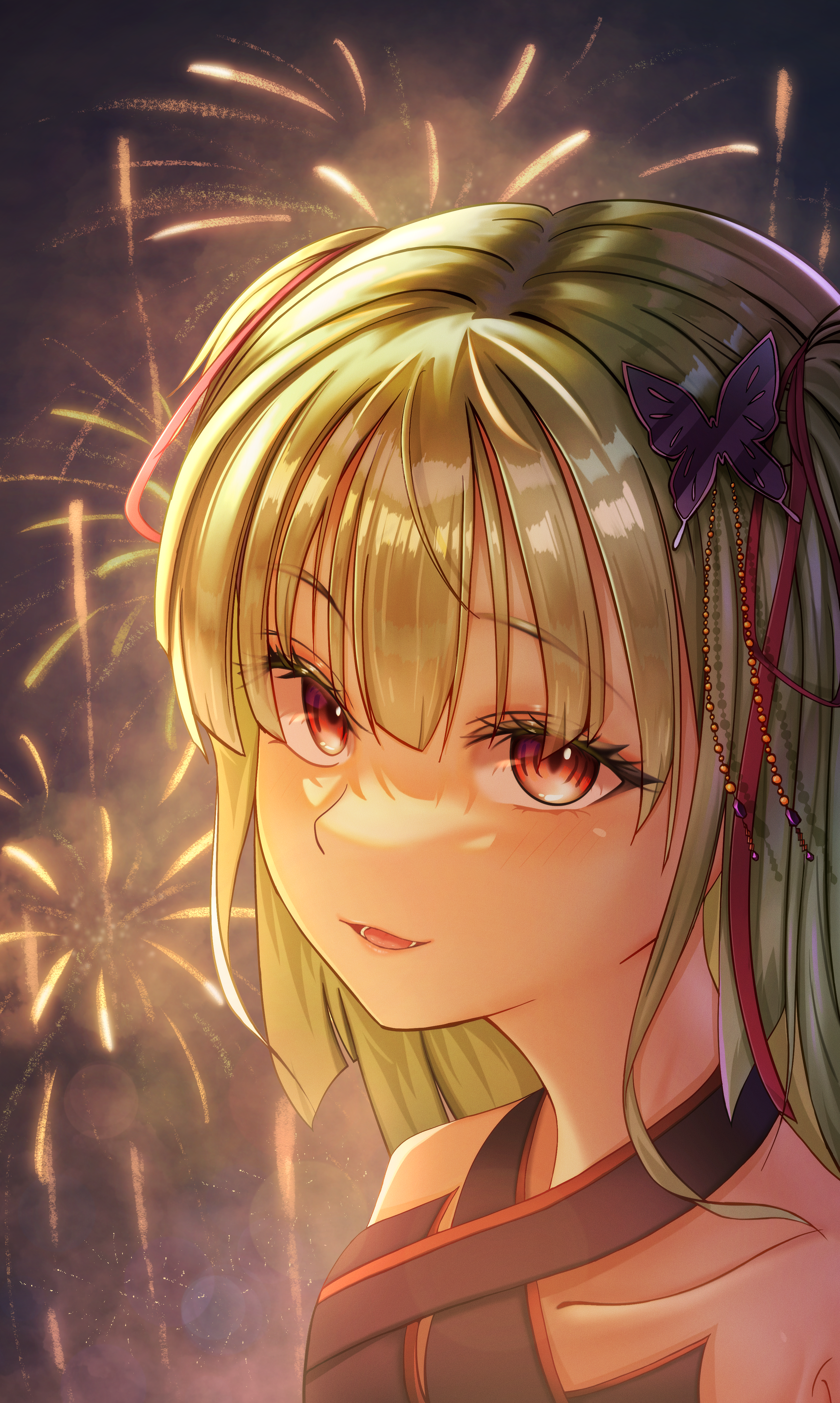 murasame (senren), senren banka, absurdres, chinese commentary, commentary request, highres, 1girl, aerial fireworks, backlighting, bare shoulders, blunt bangs, blush, butterfly hair ornament, collarbone, criss-cross halter, eyelashes, eyes visible through hair, film grain, fireworks, green hair, hair ornament, hair ribbon, halterneck, long hair, looking at viewer, night, open mouth, outdoors, portrait, red eyes, red ribbon, ribbon, sidelocks, smile, solo, tsurime, two side up, upper body, user pejr4843