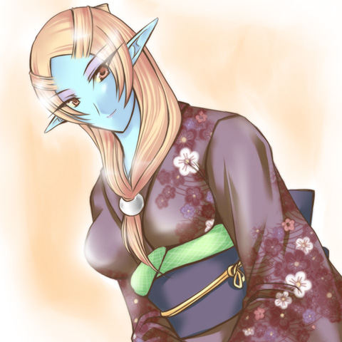 microspace, midna, midna (true), nintendo, the legend of zelda, the legend of zelda: twilight princess, lowres, spoilers, 1girl, blonde hair, blue skin, colored skin, elf, female focus, front ponytail, japanese clothes, kimono, pointy ears, solo, yellow eyes