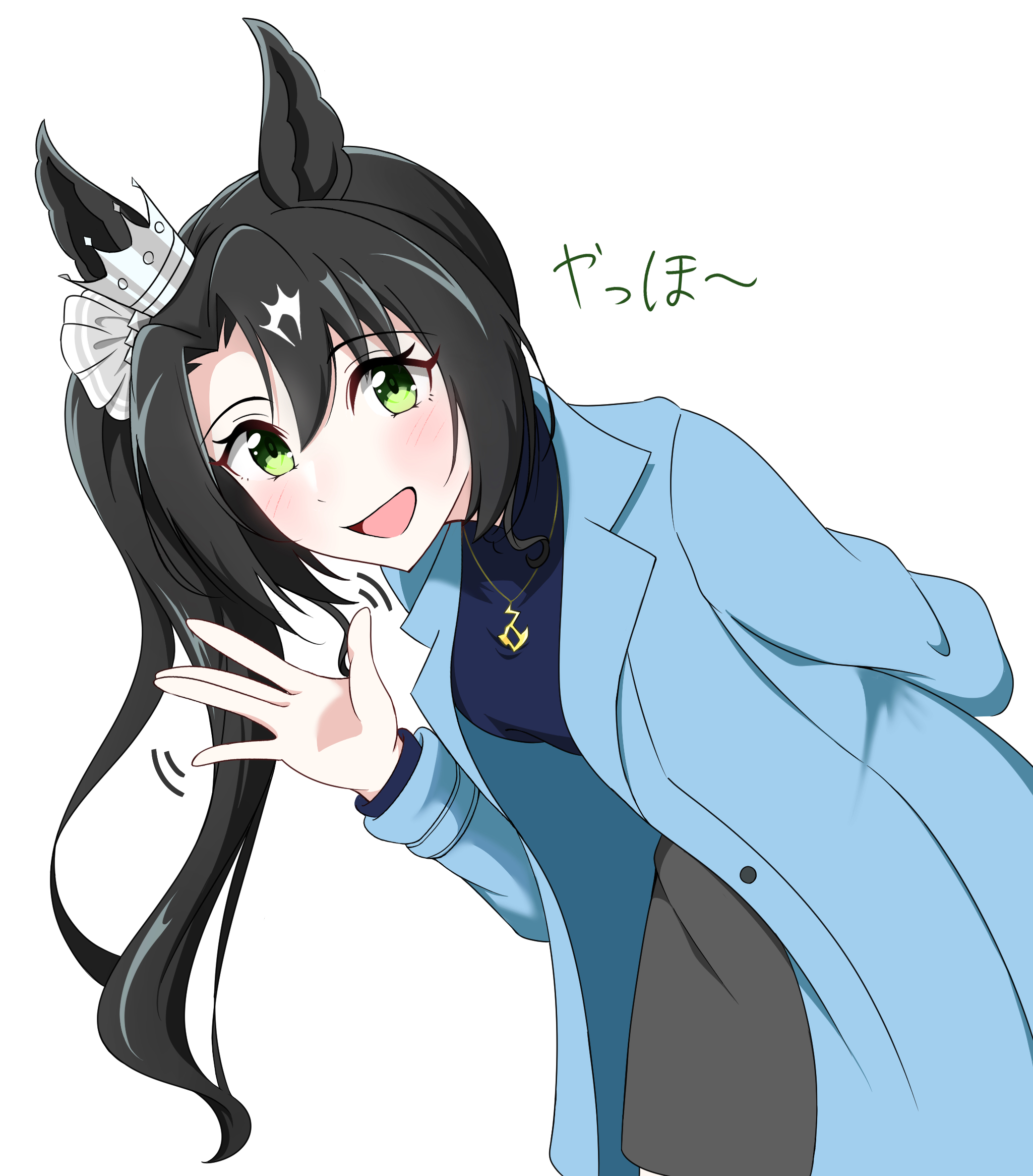 abyss kpn (ki), satono crown (casual) (umamusume), satono crown (umamusume), umamusume, highres, 1girl, :d, animal ears, black hair, blue coat, blue sweater, blush, casual, coat, ear through crown, green eyes, grey skirt, hair between eyes, horse ears, horse girl, long hair, long sleeves, looking at viewer, multicolored hair, necktie, open mouth, side ponytail, simple background, skirt, smile, streaked hair, sweater, white background, white hair
