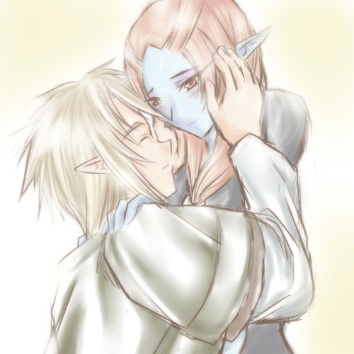 microspace, link, midna, midna (true), nintendo, the legend of zelda, the legend of zelda: twilight princess, lowres, spoilers, 1boy, 1girl, blue skin, colored skin, couple, elf, hetero, pointy ears