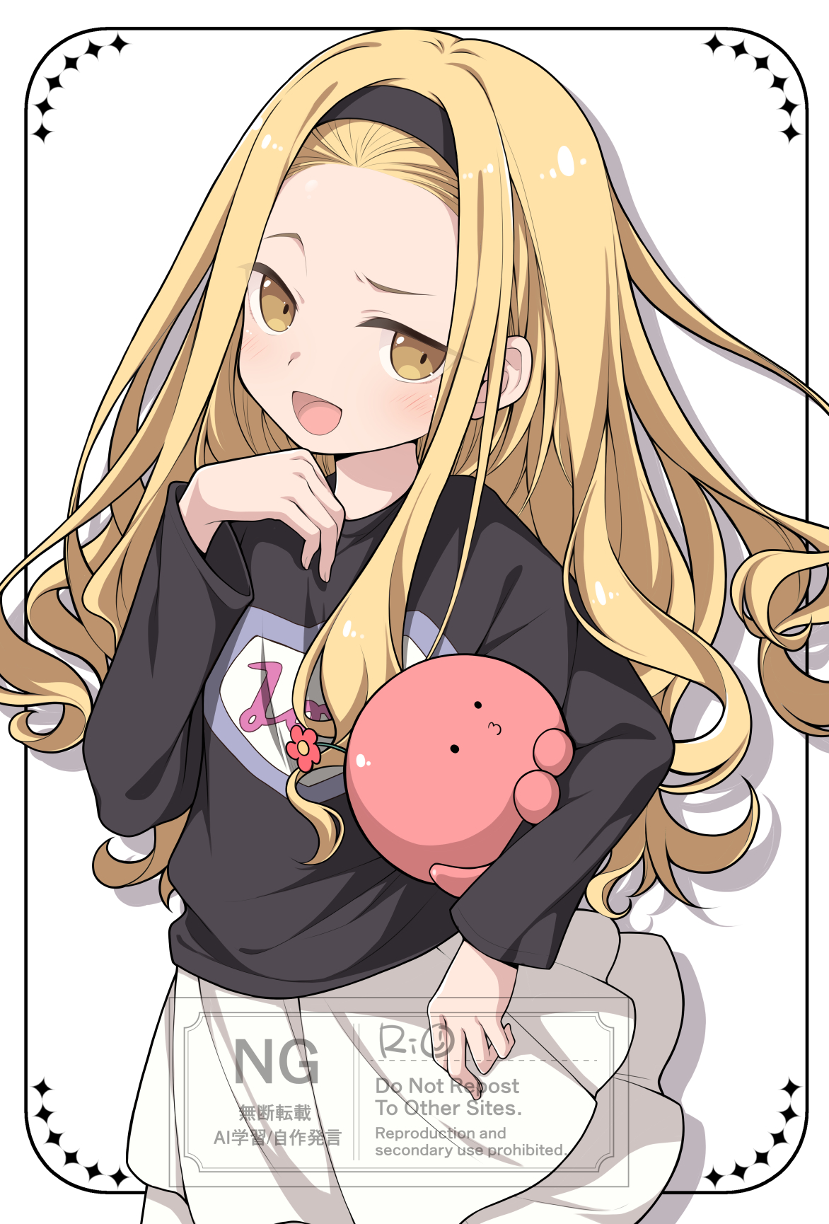 kuma x kuma, kirarazaka marina, takopii, takopii no genzai, commentary request, highres, 1girl, :d, black hairband, black shirt, blonde hair, carrying, carrying under arm, hairband, long hair, long sleeves, open mouth, parted bangs, raised eyebrow, shirt, skirt, smile, t-shirt, watermark, white skirt, yellow eyes