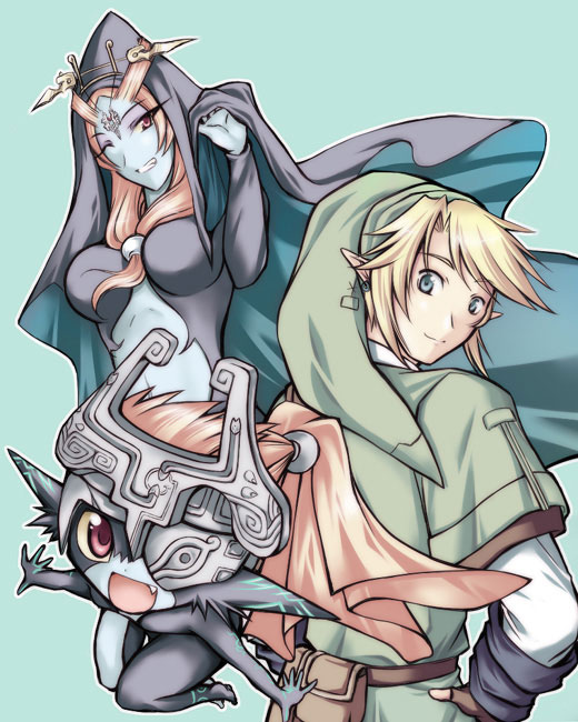 microspace, link, midna, midna (true), nintendo, the legend of zelda, the legend of zelda: twilight princess, spoilers, 1boy, 2girls, blonde hair, blue skin, colored skin, dual persona, earrings, front ponytail, jewelry, multiple girls, pointy ears