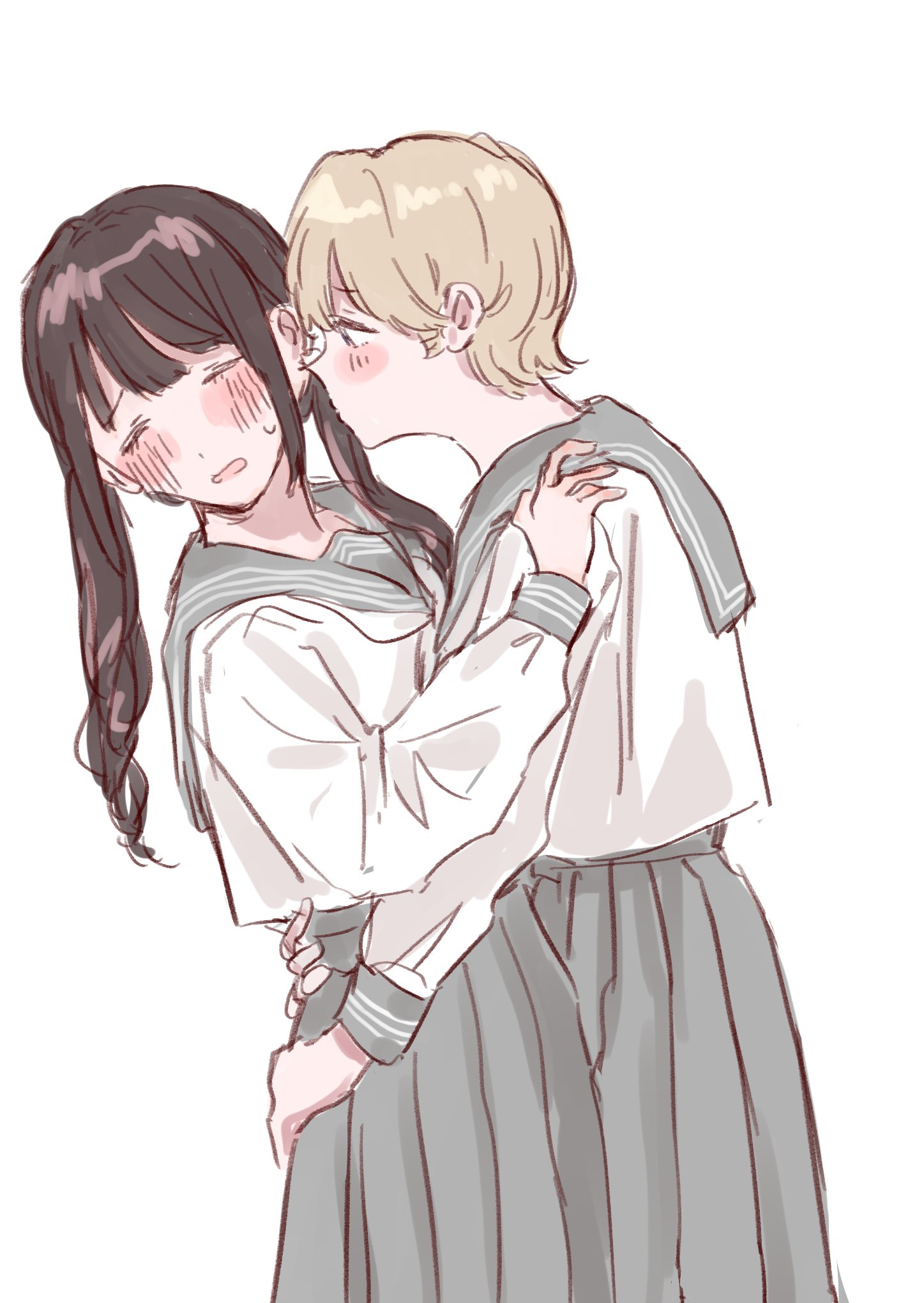 ienekkkkko, original, commentary request, highres, 2girls, blonde hair, blush, brown hair, closed eyes, grey sailor collar, grey skirt, hand on another's shoulder, hands on another's waist, long hair, long sleeves, multiple girls, open mouth, pleated skirt, sailor collar, shirt, short hair, simple background, skirt, sweat, white background, white shirt, yuri