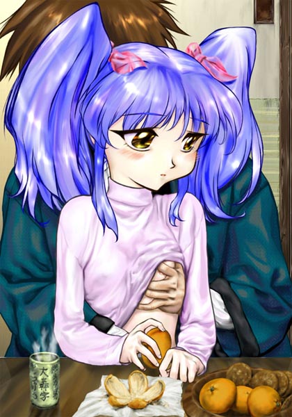 hechi, hoshino ruri, kidou senkan nadesico, 1girl, blue hair, blush, breasts, clothes lift, flat chest, food, fruit, grabbing another's breast, groping, long hair, mandarin orange, no bra, shirt lift, tea, turtleneck, twintails, yellow eyes