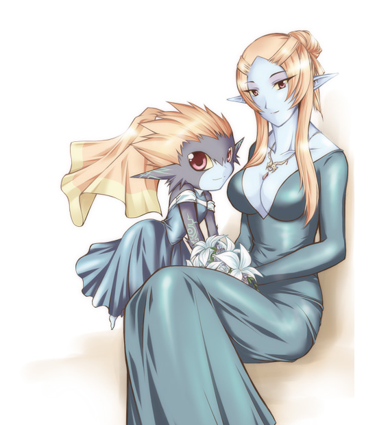 microspace, midna, midna (true), nintendo, the legend of zelda, the legend of zelda: twilight princess, spoilers, 2girls, black wedding dress, blue skin, bouquet, breasts, cleavage, colored skin, dress, dual persona, elf, flower, jewelry, monster girl, multiple girls, necklace, no headwear, orange hair, pointy ears, wedding dress