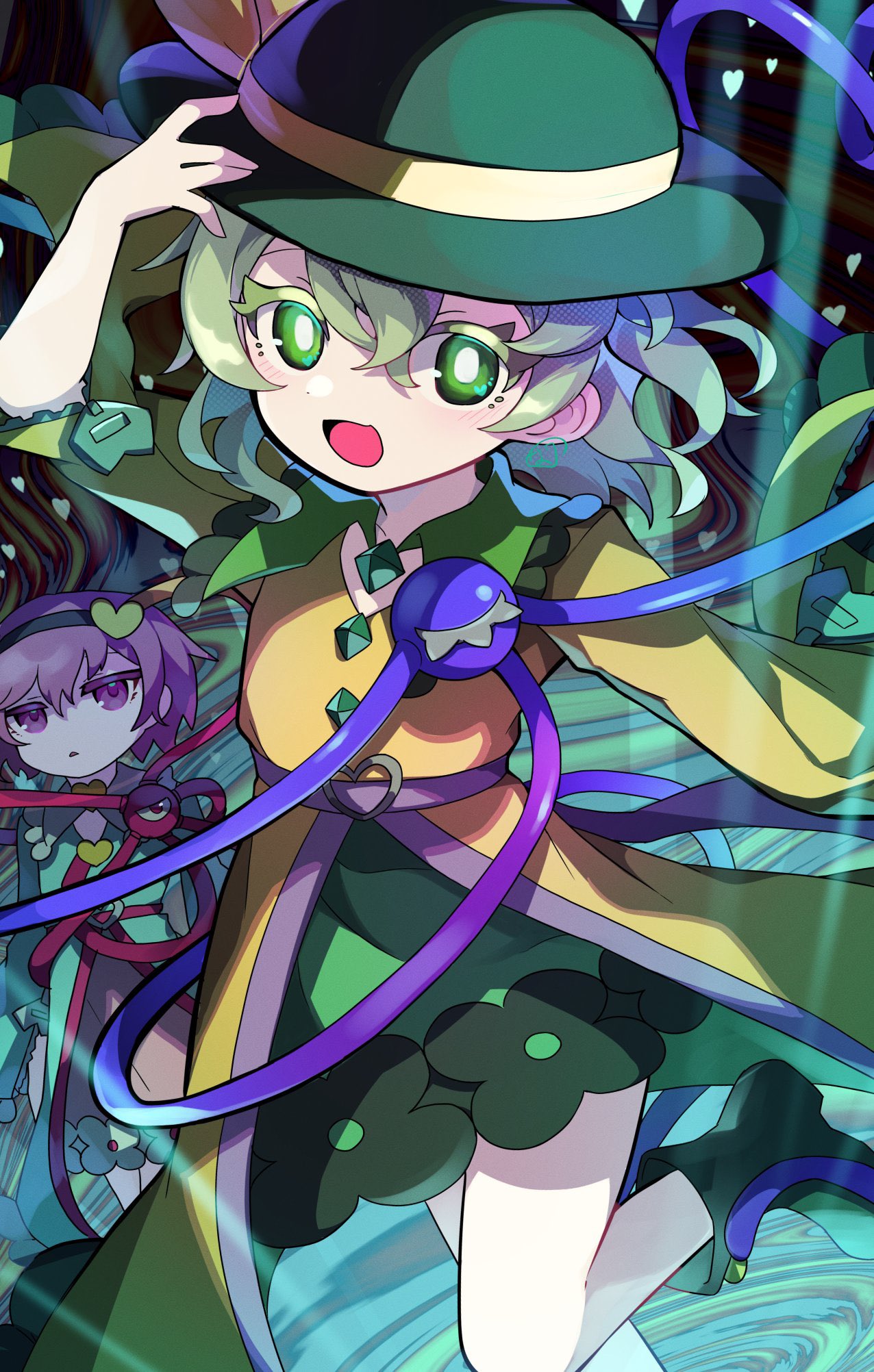nanananananana, komeiji koishi, komeiji satori, touhou, highres, 2girls, black hat, blouse, blue shirt, bow, buttons, diamond button, eyeball, frilled shirt collar, frilled sleeves, frills, green eyes, green hair, green skirt, hair ornament, hairband, hat, hat bow, hat ribbon, heart, heart button, heart hair ornament, multiple girls, open mouth, pink eyes, pink hair, ribbon, shirt, siblings, sisters, skirt, third eye, yellow bow, yellow ribbon, yellow shirt
