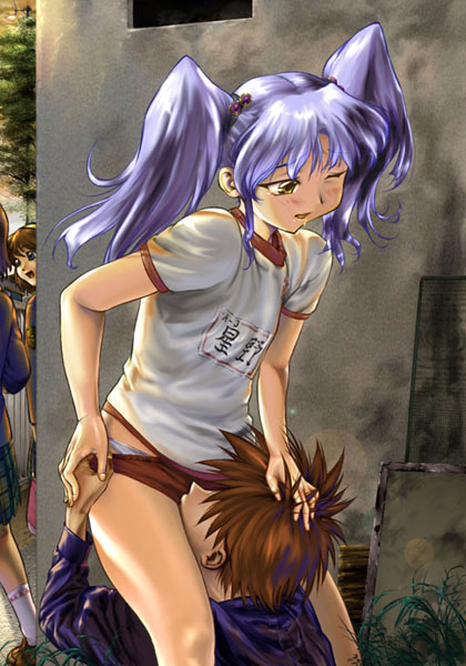 hechi, hoshino ruri, kidou senkan nadesico, ass grab, 1boy, 1girl, ass, blue hair, blush, buruma, buruma pull, clothes pull, cunnilingus, gym uniform, hand on another's head, happy sex, hetero, licking, licking panties, long hair, one eye closed, oral, panties, pulling own clothes, solo focus, standing, standing cunnilingus, twintails, underwear, wince, wink, yellow eyes