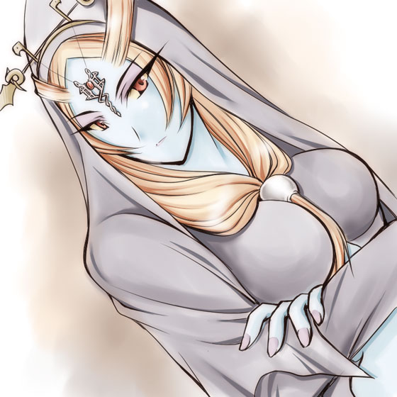 microspace, midna, midna (true), nintendo, the legend of zelda, the legend of zelda: twilight princess, looking away, spoilers, 1girl, blue skin, blush, brown eyes, cloak, colored skin, crossed arms, female focus, front ponytail, hood, hooded cloak, long sleeves, solo, upper body