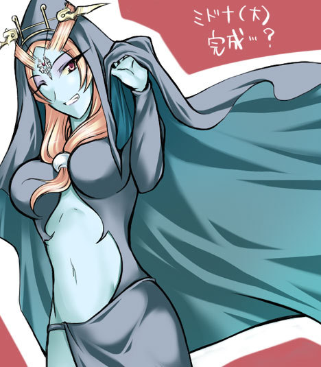 microspace, midna, midna (true), nintendo, the legend of zelda, the legend of zelda: twilight princess, spoilers, translation request, 1girl, blue skin, colored skin, female focus, front ponytail, solo